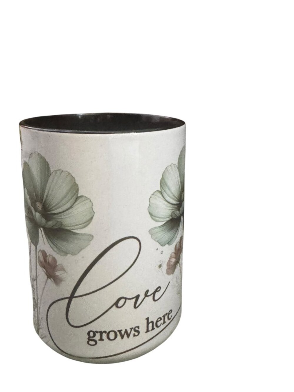 Love Grows Here Floral Ceramic Coffee Mug, Black Interior